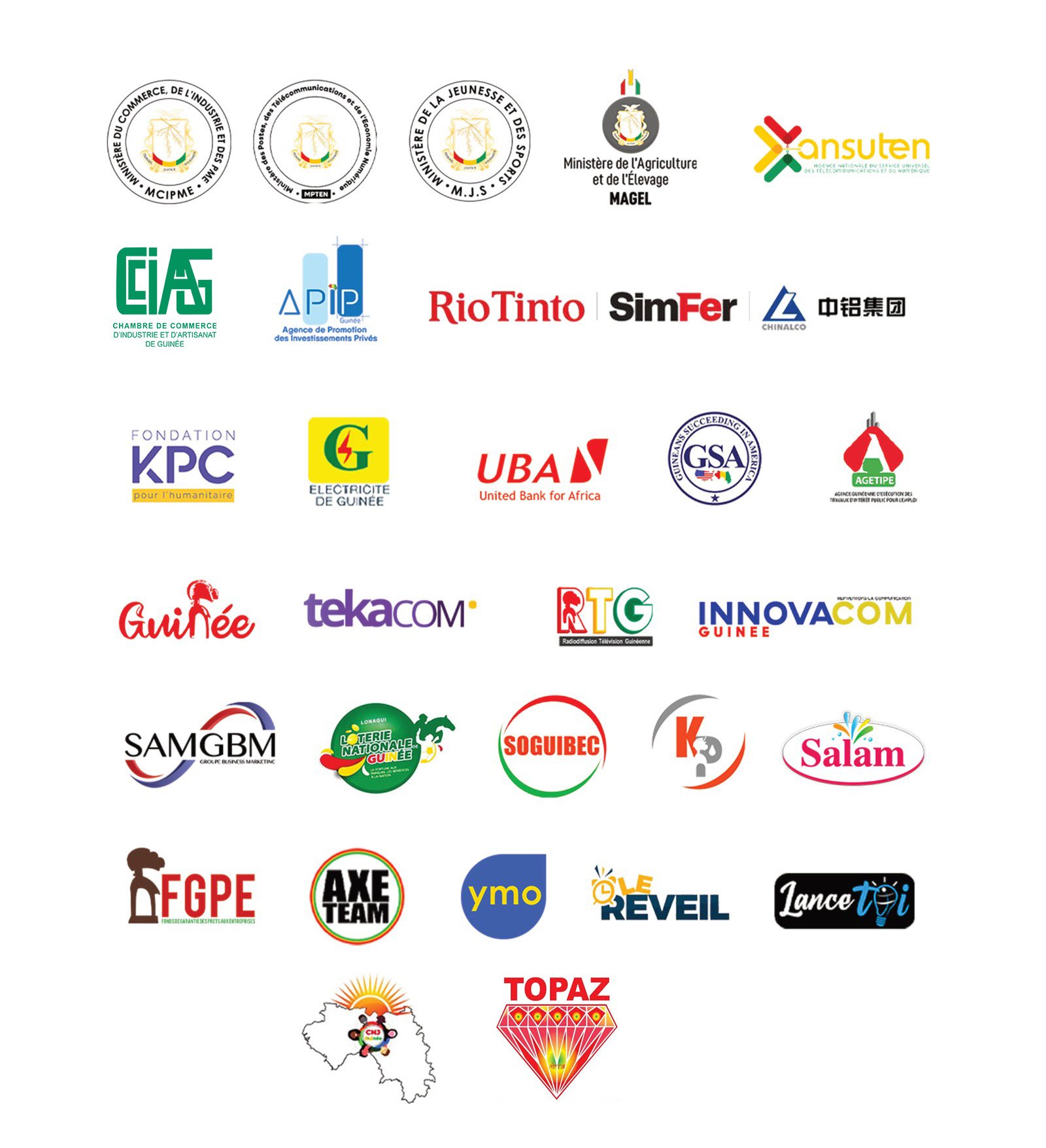 Partenaires et soutiens du concours : ministères guinéens (Commerce & Industrie, Postes & Économie numérique, Jeunesse & Sports, Agriculture & Élevage), ANSUTEN, APIP Guinée, Rio Tinto, SimFer, Chinalco, Fondation KPC, Électricité de Guinée, UBA, GSA, AGETIPE, RTG, tekaCOM, INNOVACOM, Loterie Nationale, SAMGBM, SOGUIBEC, Salam et autres